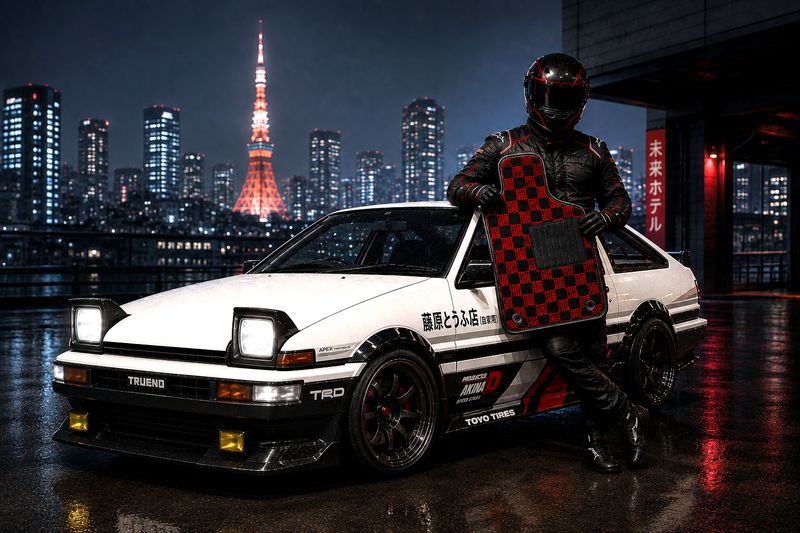 Гонщик держит ворсовый коврик JDM28 в клетку на фоне Toyota Trueno AE86 ночью в Токио